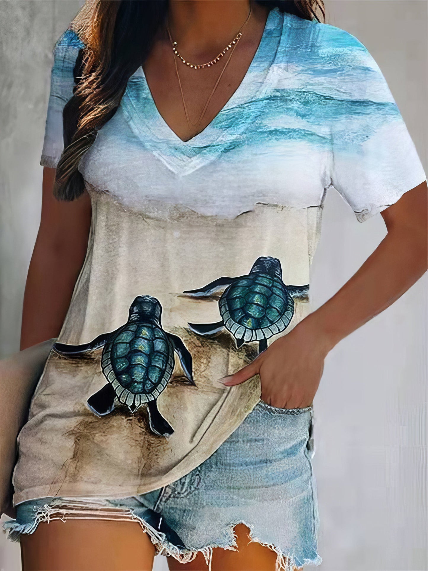Turtle Print V-Neck Short Sleeve T-Shirt - Drop Shoulder