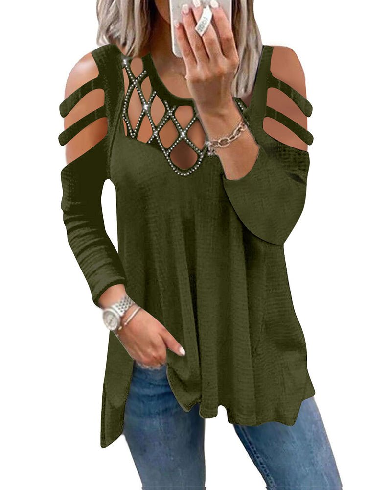 T-Shirts - V Neck Solid Hollow Ironing Diamond T-Shirt - MsDressly