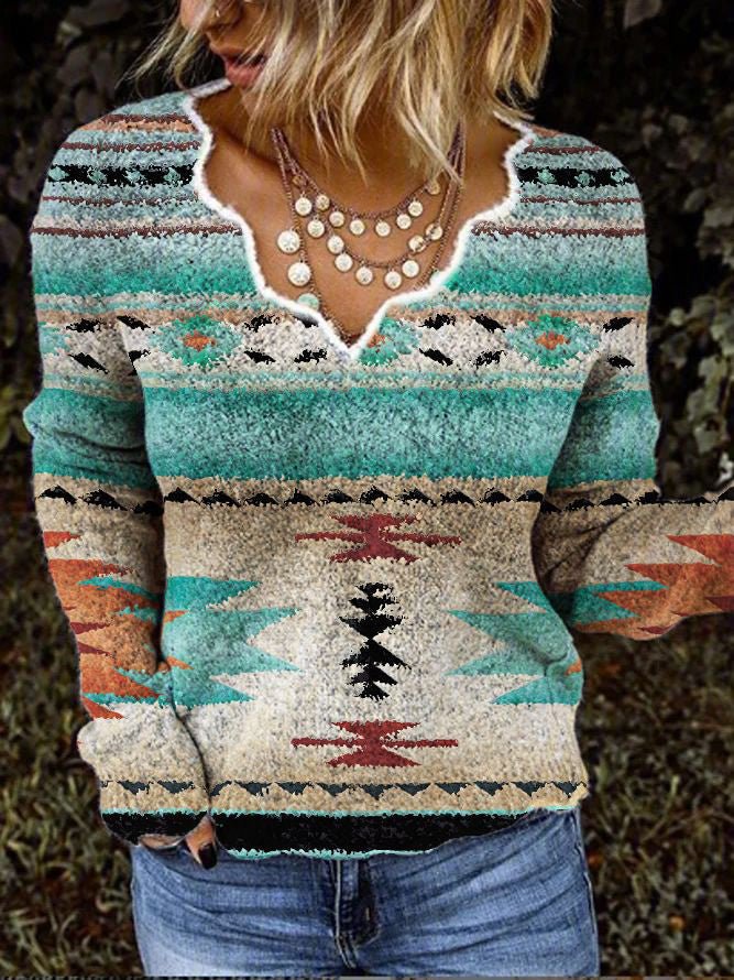 T-Shirts - Wavy Neck Printed Long Sleeve Knit T-Shirt - MsDressly