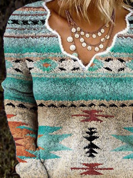 T-Shirts - Wavy Neck Printed Long Sleeve Knit T-Shirt - MsDressly