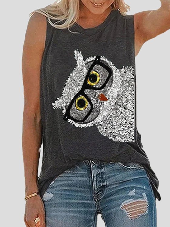 Tank Tops - Tops Owl Print Crew Neck Sleeveless Tank Top - MsDressly