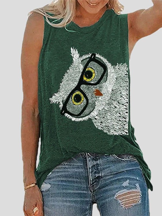 Tank Tops - Tops Owl Print Crew Neck Sleeveless Tank Top - MsDressly