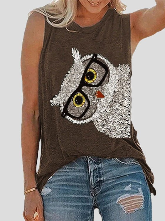 Tops Owl Print Crew Neck Sleeveless Tank Top