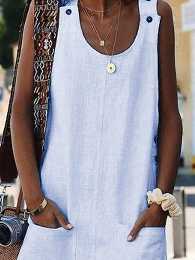 Women's Dress - Cotton Linen Dress Casual Dress Shift Dress Mini Dress Cotton Modern Casual Daily Vacation U Neck Hollow Out Button Sleeveless Summer Spring 2023 Loose Fit Black White Yellow Pure Color S M L