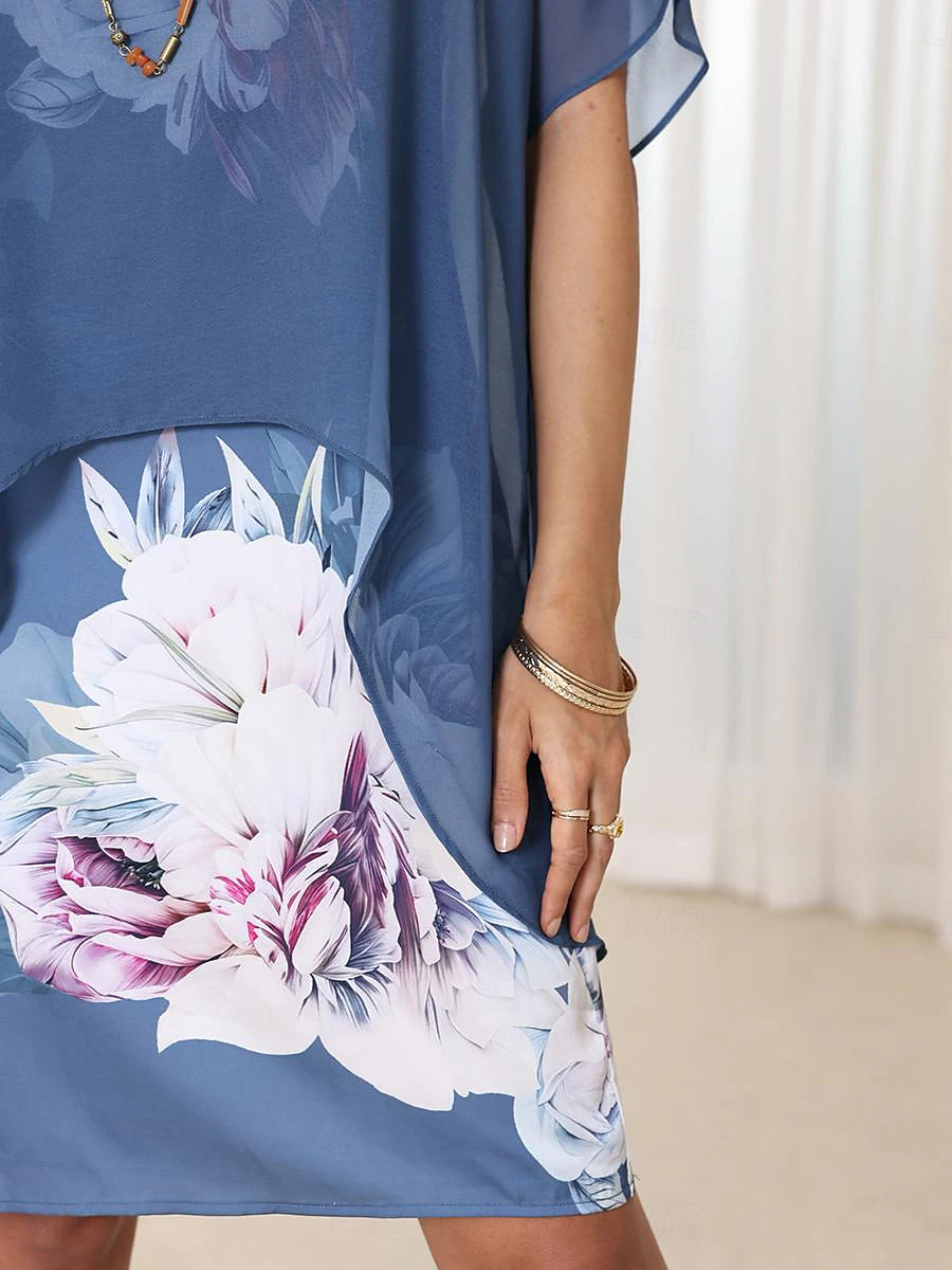 Women's Chiffon Cover Up Tank Dress Set Floral Print Crew Neck Midi Dress Elegant Formal Party Sleeveless Summer