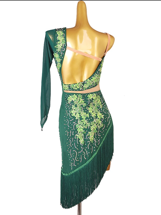 Latin Dance Dress Tassel Split Joint Crystals / Rhinestones Women's Performance Training Long Sleeve Chinlon Mesh - LuckyFash™