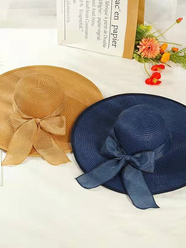 Ladies Summer Ribbon Hats Elegant Straw Hats For Women Beach Seaside Vacation Foldable Sun Hat Sun Floppy Visor - LuckyFash™