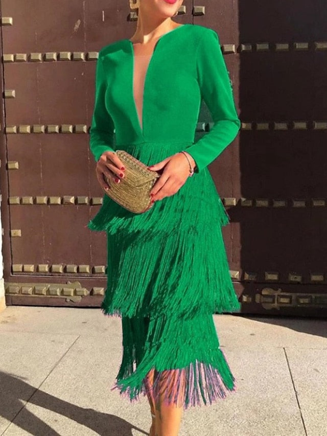 Women's Dress - Semi Formal Party Dress Fringe Dress Midi Dress Pink Long Sleeve Pure Color Tassel Fringe Winter Fall Autumn V Neck Stylish Winter Dress Fall Dress 2023 S M L XL XXL