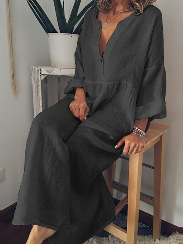 Women's Dress - Casual Dress Cotton Dress Shift Dress Maxi long Dress Cotton Casual Winter Dress Daily Holiday Split Neck Button Rolled Cuff Long Sleeve Spring Fall Winter 2023 Loose Fit Black White Yellow