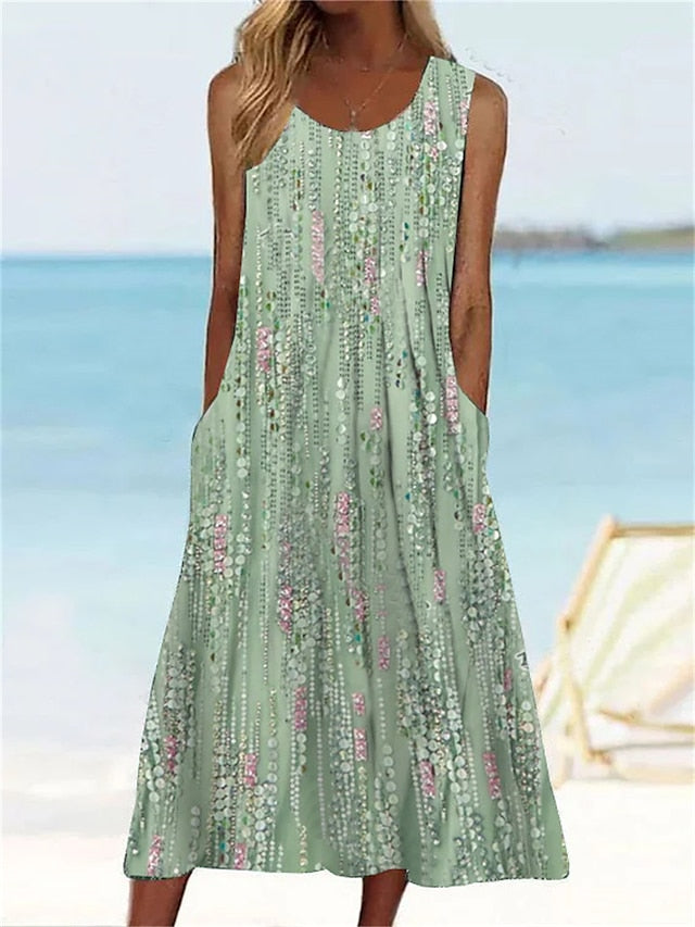 Women's Dress - Casual Dress Tank Dress Summer Dress Graphic Floral Ruched Pocket Crew Neck Midi Dress Fashion Modern Outdoor Daily Sleeveless Regular Fit Light Green Blue Brown Summer Spring S M L XL XXL
