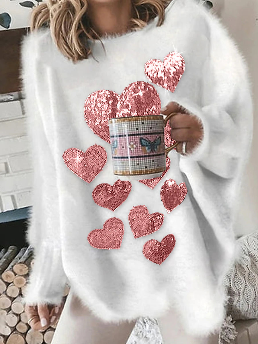Women's Pullover Sweater Jumper Crew Neck Fuzzy Knit Cotton Blend Glitter Oversized Fall Winter Regular Daily Weekend Casual Long Sleeve Solid Color White Pink S M L