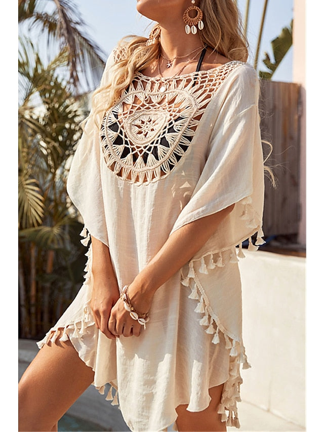 Women's Dress - Swimwear Cover Up Beach Dress Normal Swimsuit UV Protection Tassel Printing Hole Pure Color Black Beige White Scoop Neck Bathing Suits New Vacation Daily