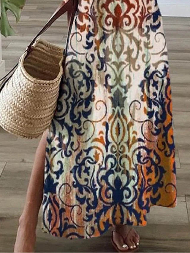 Women's Dress - Casual Dress Shift Dress Long Dress Maxi Dress Khaki Short Sleeve Floral Split Spring Summer V Neck Vacation 2023 S M L XL XXL 3XL