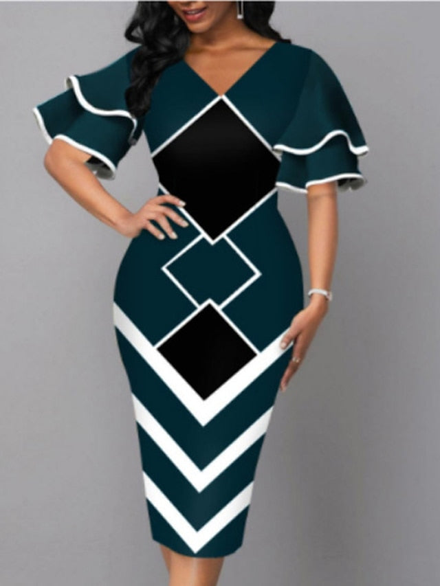 Women's Dress - Bodycon Sheath Dress Modern Dress Midi Dress Yellow Wine Royal Blue Half Sleeve Print Ruffle Summer Spring V Neck Stylish 2023 S M L XL XXL 3XL 4XL 5XL