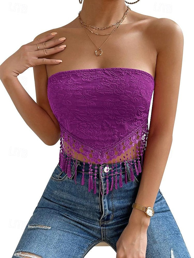 Lace Shirt Tube Top White Lace Shirt Women's White Yellow Pink Floral Tassel Street Daily Fashion S