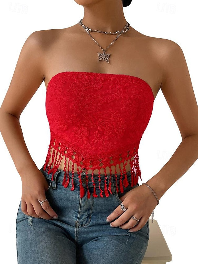 Lace Shirt Tube Top White Lace Shirt Women's White Yellow Pink Floral Tassel Street Daily Fashion S