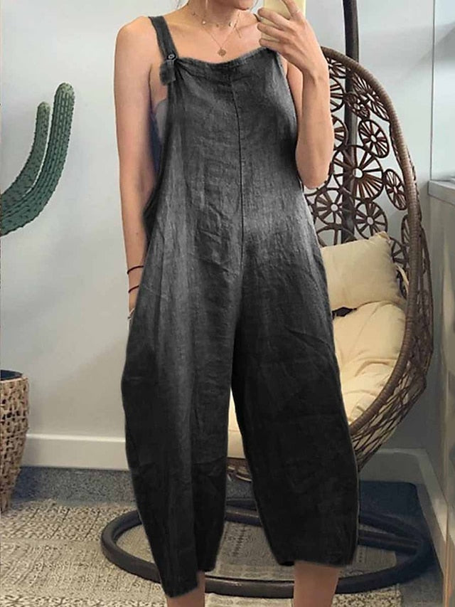 Denim Jumpsuit for Women Overall Pocket Solid Color Square Neck Streetwear Daily Vacation Regular Fit Sleeveless Black Army Green Navy Blue S M L Summer - LuckyFash™