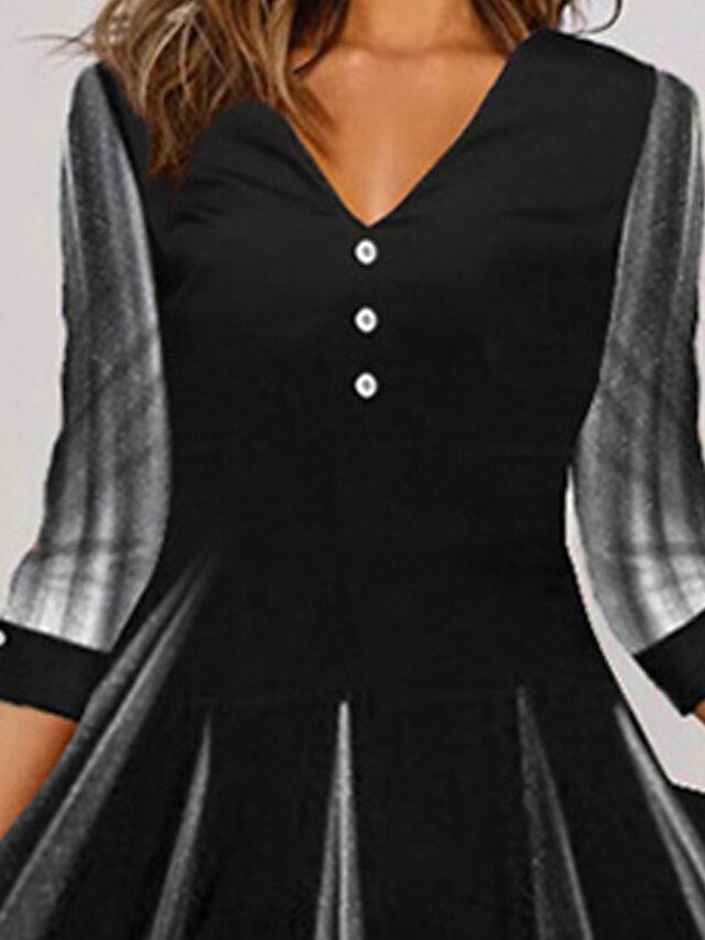 Women's Dress - Casual Dress Shift Dress A Line Dress Midi Dress Black Long Sleeve Print Ruched Summer Spring V Neck Basic Winter Dress Vacation Fall Dress Loose Fit 2023 M L XL XXL