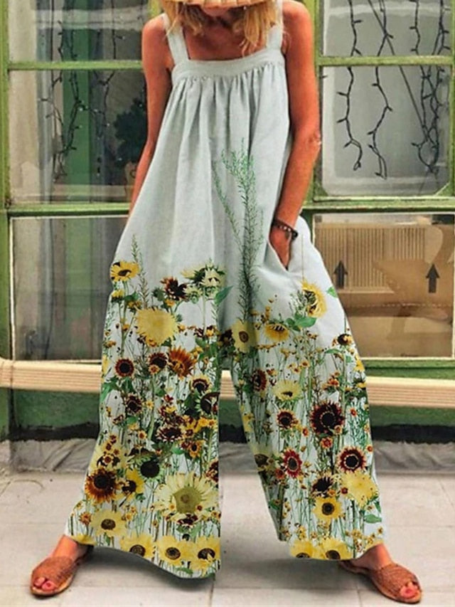 Women's Jumpsuits Casual Summer Overall Pocket Print Floral Square Neck Casual Street Daily Wide Leg Regular Fit Sleeveless Green Blue Pink S M L Spring - LuckyFash™