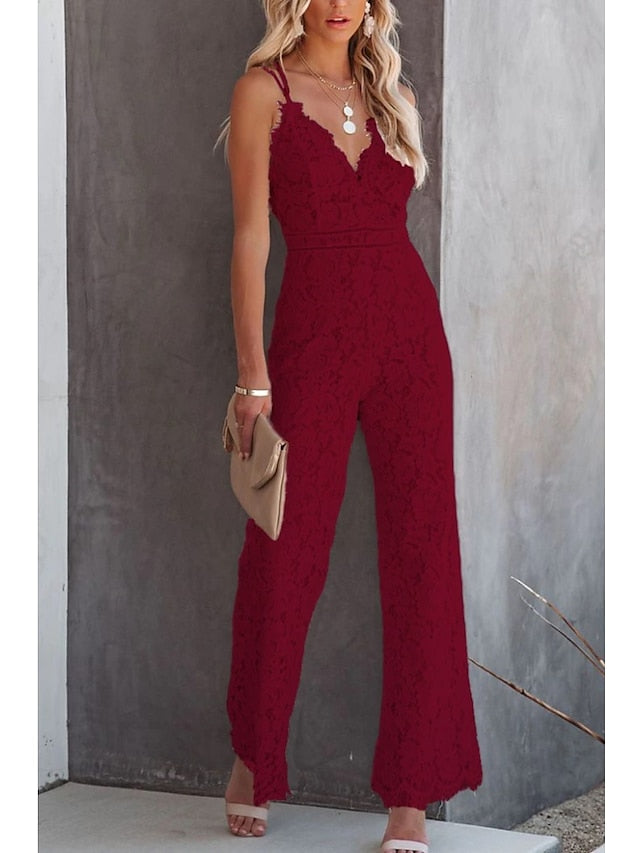 Women‘s Casual Party Street Holiday Deep V 2023 White Black Wine Jumpsuit Solid Color Zipper - LuckyFash™