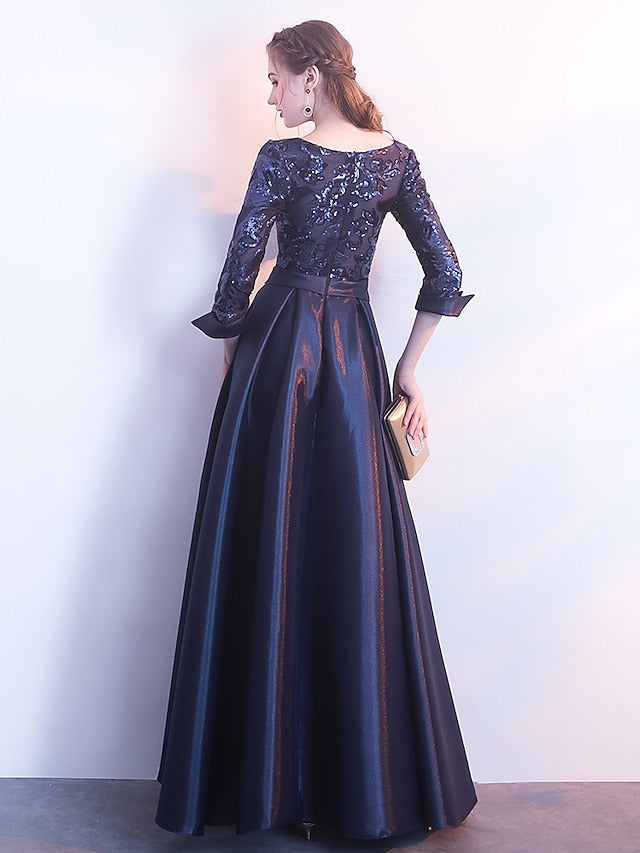 Women's Dress - Party Dress Sequin Dress Swing Dress Maxi long Dress Silver Champagne Dark Blue 3/4 Length Sleeve Color Block Sequins Winter Fall Spring Crew Neck Fashion Party Evening Party Wedding Guest
