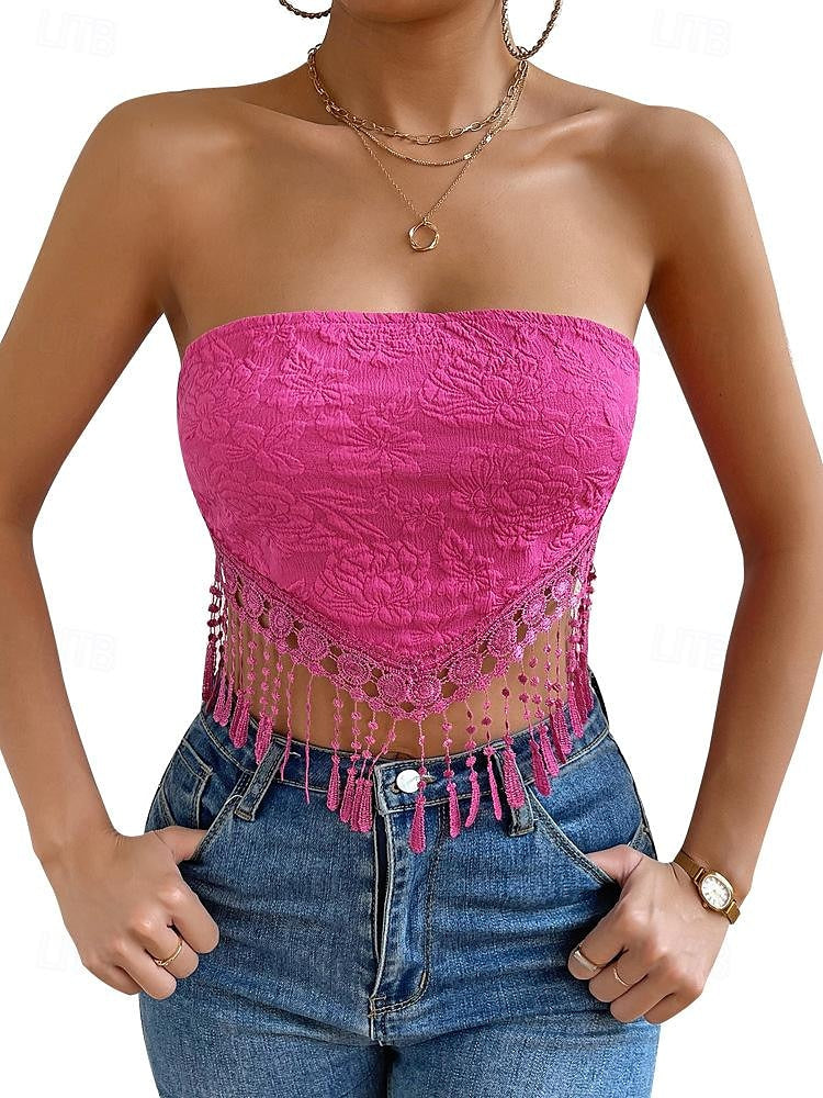 Lace Shirt Tube Top White Lace Shirt Women's White Yellow Pink Floral Tassel Street Daily Fashion S
