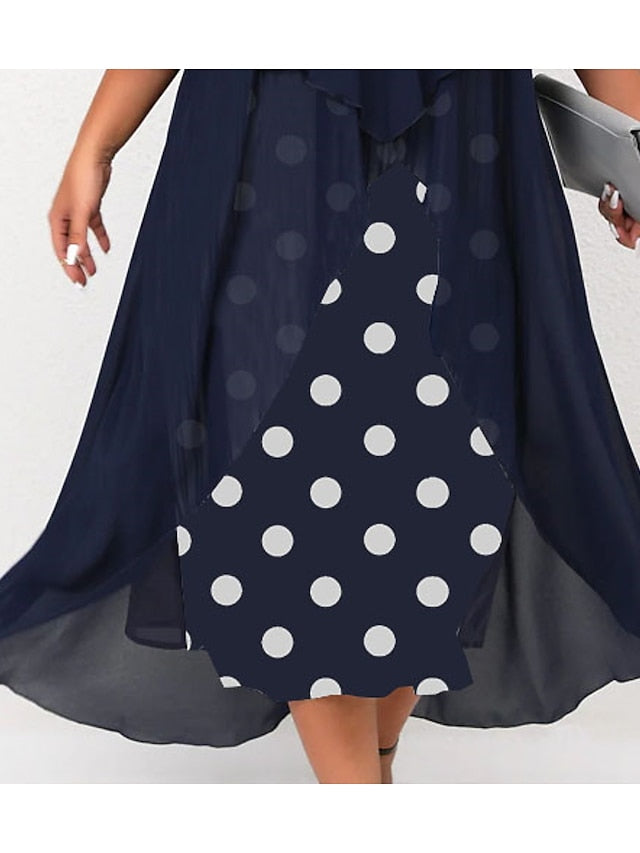 Women's Dress - Plus Size Holiday Dress Polka Dot V Neck Layered 3/4 Length Sleeve Spring Fall Elegant Maxi long Dress Formal Party Dress
