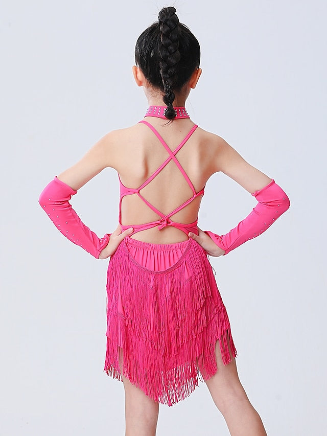Latin Dance Dress Tassel Side Draping Ruching Girls' Performance Training Sleeveless Polyester - LuckyFash™