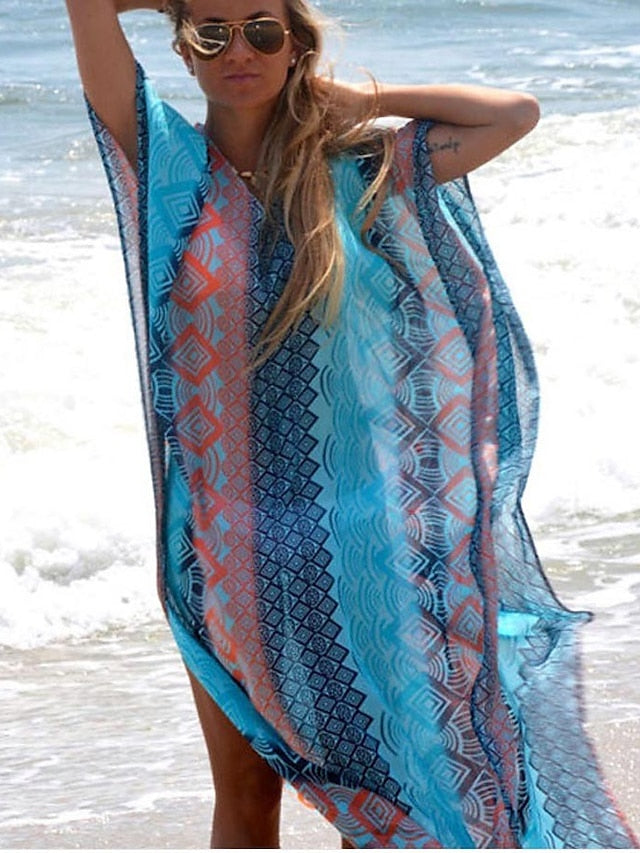 Women's Dress - Swimwear Cover Up Beach Dress Normal Swimsuit Oversized Print Blue Bathing Suits New Party Active / Casual / Padless