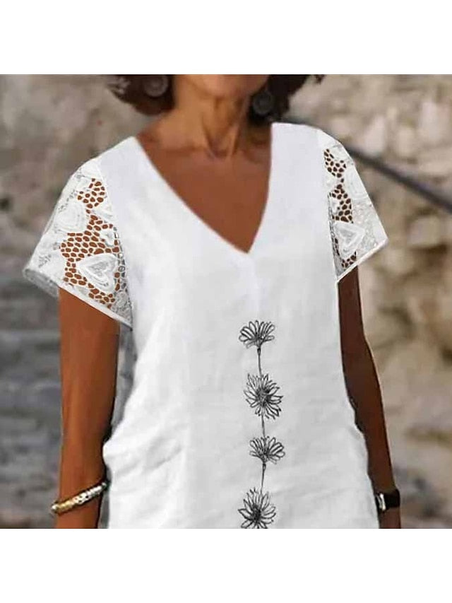 Women's Dress - Cotton Linen Dress Casual Dress Shift Dress Midi Dress Cotton Fashion Modern Outdoor Daily Vacation V Neck Lace Print Short Sleeve Summer Spring 2023 Regular Fit White Green Flower S M L XL