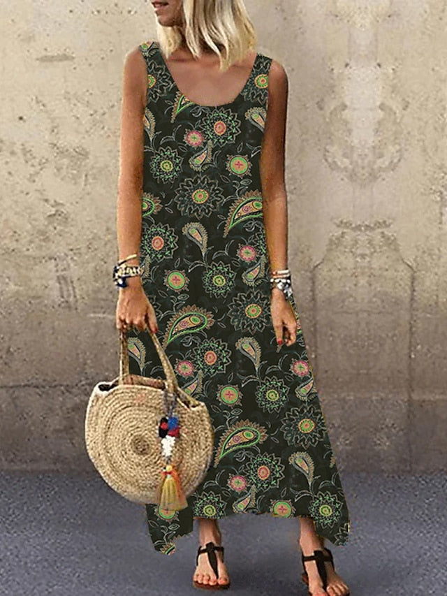 Women's Dress - Swing Dress Maxi long Dress Green Blue Khaki Red Yellow Sleeveless Print Basic Summer Deep U Hot Casual Boho Loose S M L XL XXL 3XL 4XL 5XL