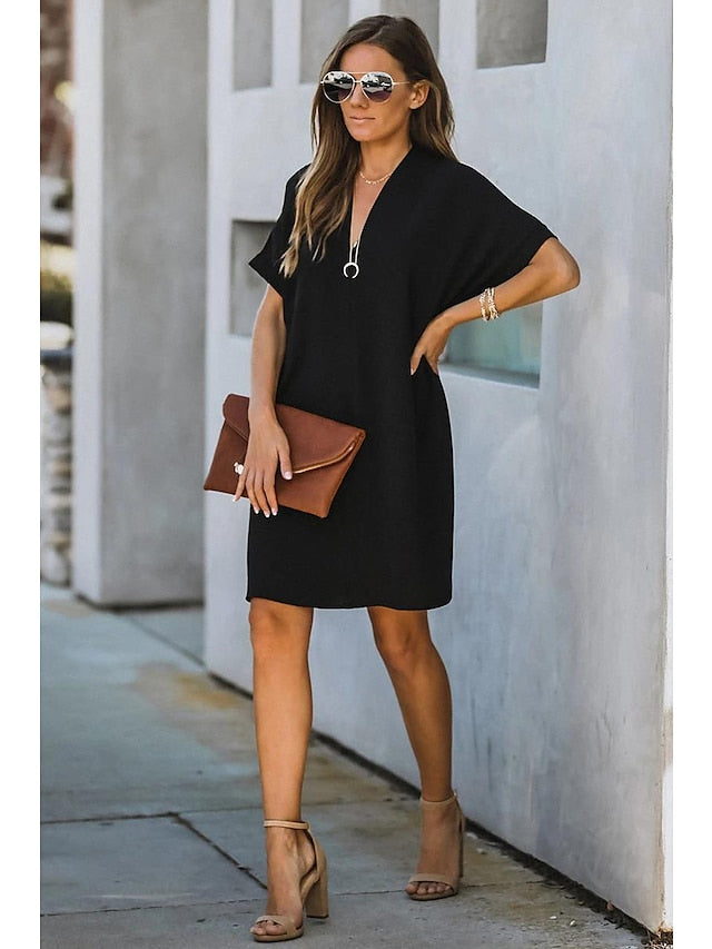 Women's Dress - Casual Dress Midi Dress Black White Yellow Short Sleeve Pure Color Summer Spring V Neck Hot  S M L XL XXL