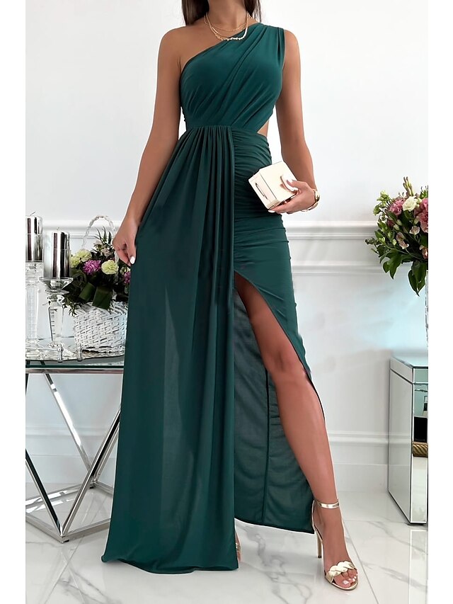Women's Dress - Party Dress Long Dress Maxi Dress Green Red Beige Sleeveless One Shoulder Pure Color Patchwork Spring Summer Dress 2023 S M L XL XXL