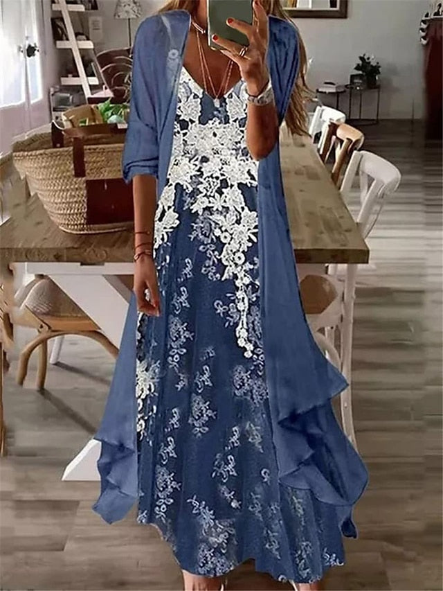 Women's Dress - Casual Dress Dress Set Two Piece Dress Long Dress Maxi Dress Light Green Pink Purple Long Sleeve Flower Print Summer Spring V Neck Fashion Loose Fit 2023 S M L XL XXL 3XL