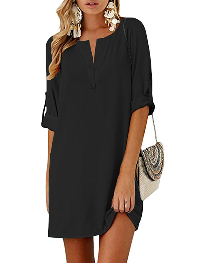 Women's Dress - Cotton Linen Dress T Shirt Dress Tee Dress Shift Dress Mini Dress Linen Cotton Blend Stylish Basic Outdoor Daily Holiday Split Neck Ruched Half Sleeve Summer Spring 2023 Regular Fit Black