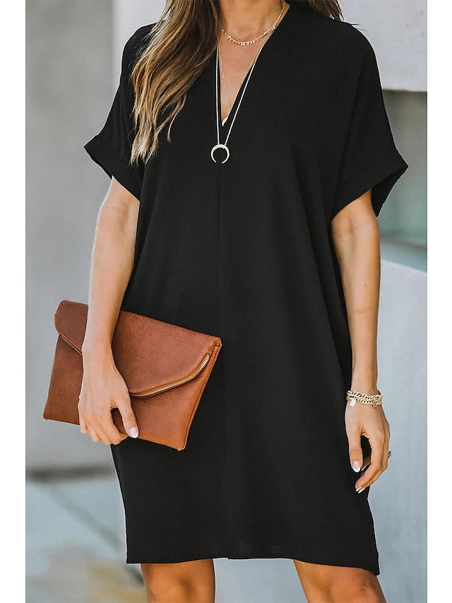 Women's Dress - Casual Dress Midi Dress Black White Yellow Short Sleeve Pure Color Summer Spring V Neck Hot  S M L XL XXL