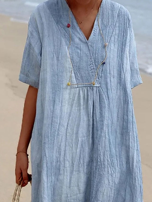 Women's Dress - Casual Dress Shift Dress Plain Dress Plain Pocket V Neck Midi Dress Fashion Basic Outdoor Daily Half Sleeve Loose Fit Blue Dark Green Summer Spring S M L XL 2XL