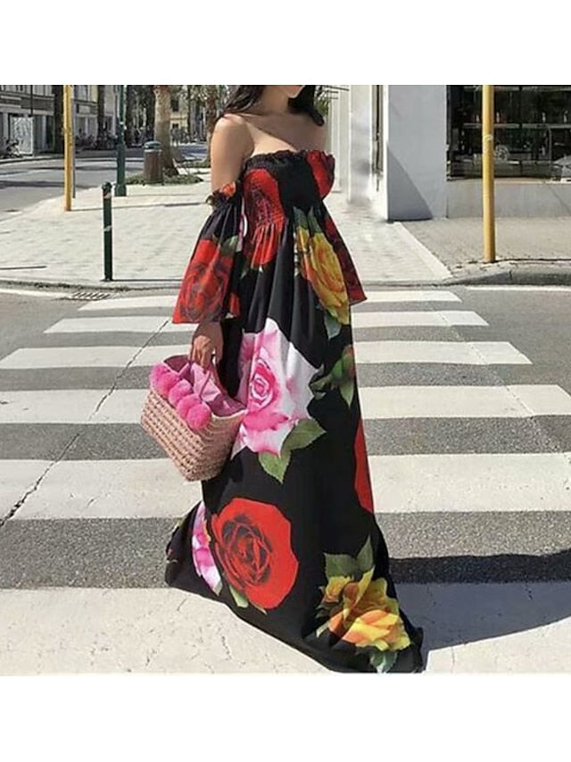Women's Dress - Casual Dress Swing Dress Long Dress Maxi Dress Black White Short Sleeve Floral Patchwork Spring Summer Off Shoulder Slim S M L XL XXL
