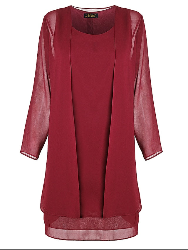 Women's Dress - Dress Set Two Piece Dress Church Dress Midi Dress Light Pink Black Wine Long Sleeve Pure Color Chiffon Summer Spring Crew Neck Stylish Winter Dress Fall Dress 2023 XL XXL 3XL 4XL 5XL