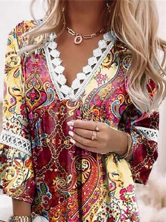 Women's Dress - Ethnic Dress Shift Dress Boho Dress Mini Dress Brown 3/4 Length Sleeve Floral Lace Summer Spring V Neck Basic Vacation Summer Dress Spring Dress Loose Fit 2023 S M L XL XXL 3XL