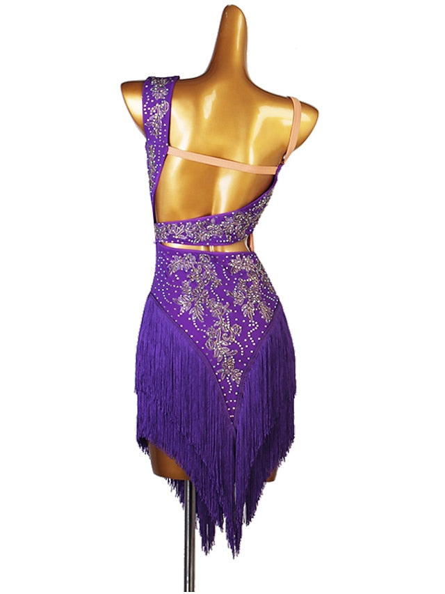 Latin Dance Dress Tassel Split Joint Crystals / Competition Dress Rhinestones Women's Performance Sleeveless Chinlon - LuckyFash™