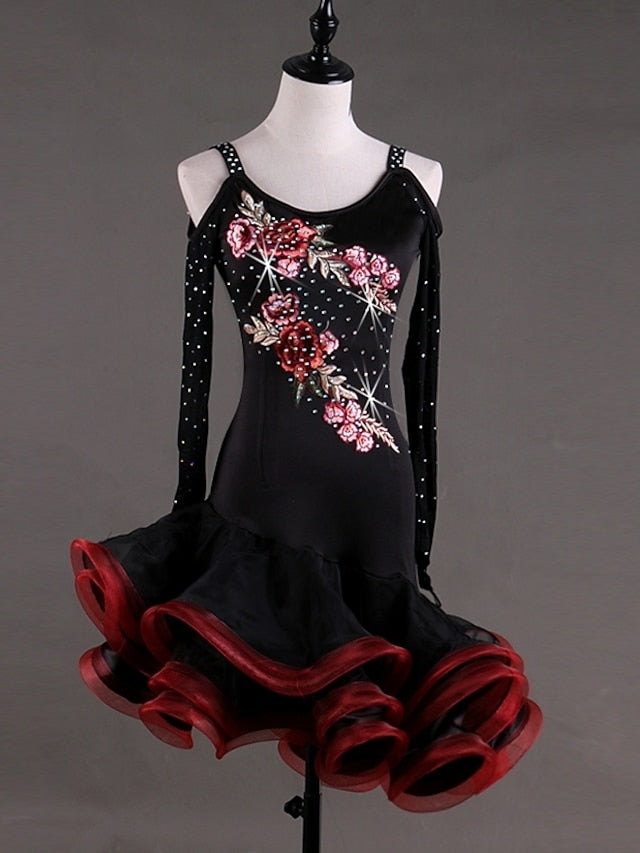 Latin Dance Dress Appliques Crystals / Rhinestones Women's Performance Long Sleeve High Spandex Georgette - LuckyFash™
