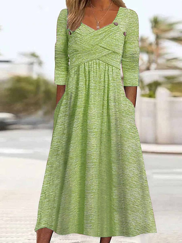 Women's Dress - Casual Dress Pleated Dress Plain Dress Plain Ruched Pocket Square Neck Midi Dress Fashion Modern Daily Vacation 3/4 Length Sleeve Regular Fit Pink Purple Green Summer Spring S M L XL XXL