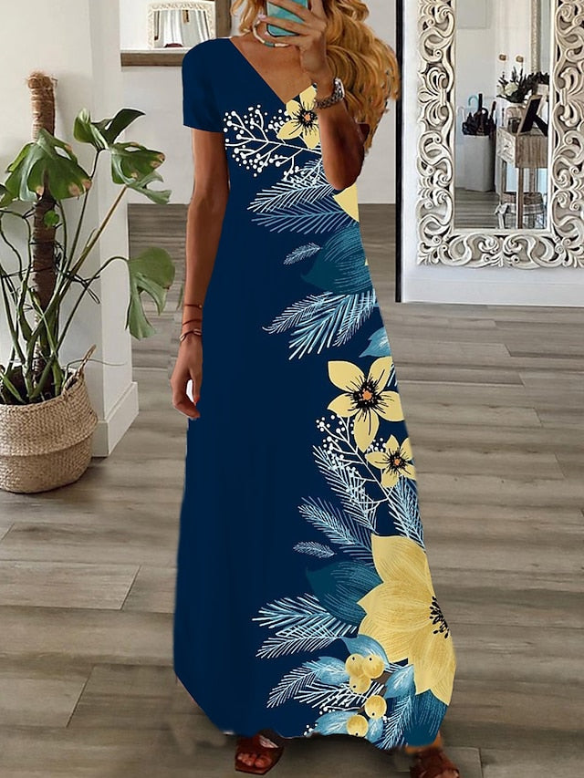 Women's Dress - Long Dress Maxi Dress Casual Dress Print Dress Graphic Floral Fashion Modern Daily Holiday Vacation Short Sleeve V Neck Dress Regular Fit White Pink Wine Summer Spring S M L XL 2XL 3XL 4XL 5XL