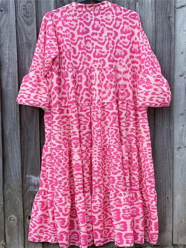 Women's Dress - Casual Dress Swing Dress Long Dress Maxi Dress Pink 3/4 Length Sleeve Animal Print Fall Autumn V Neck Loose Fit Under 10 S M L XL XXL 3XL