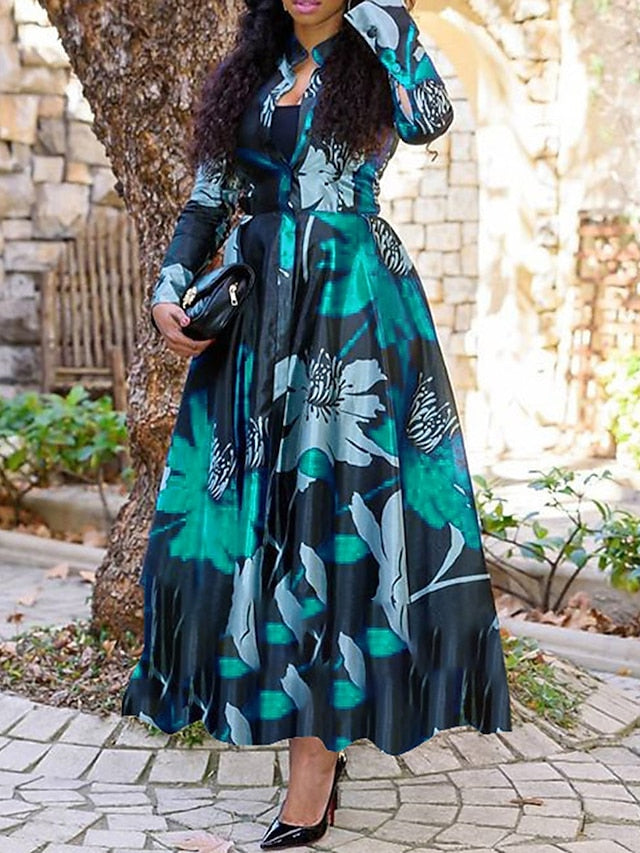 Women's Dress - Shirt Dress Work Dress A Line Dress Long Dress Maxi Dress Red Blue Fuchsia Long Sleeve Floral Print Spring Shirt Collar Elegant Summer Dress Spring Dress 2022 M L XL XXL