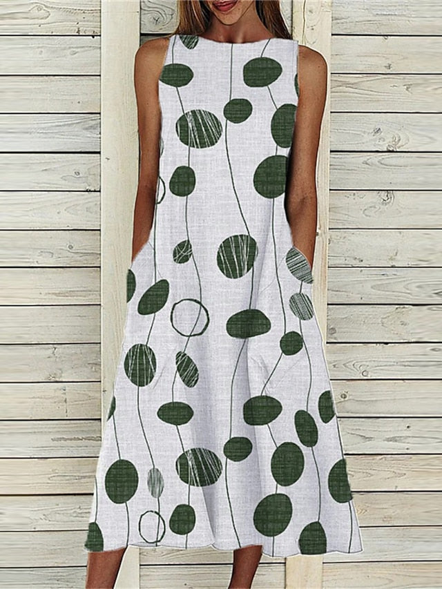Women's Dress - Casual Dress Midi Dress Blue Green Sleeveless Geometric Pocket Spring Summer Crew Neck Vacation 2023 S M L XL XXL 3XL