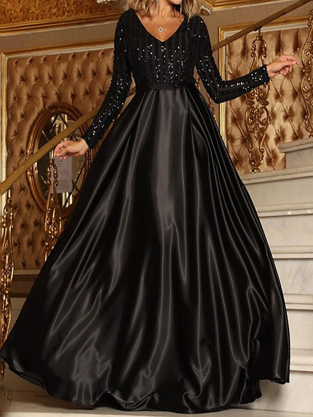 Women's Dress - Formal Party Dress Satin Dress Maxi Dress Green Khaki Silver Beige Black Long Sleeve Pure Color Sequins Winter V Neck Stylish Elegant Wedding Guest Fall Dress 2023 M L XL XXL 3XL 4XL