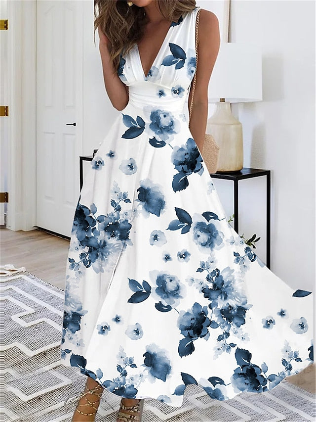 Women's Dress - Long Dress Maxi Dress Casual Dress Swing Dress A Line Dress Floral Butterfly Fashion Streetwear Outdoor Daily Date Print Sleeveless V Neck Dress Regular Fit Black White Yellow Summer Spring S