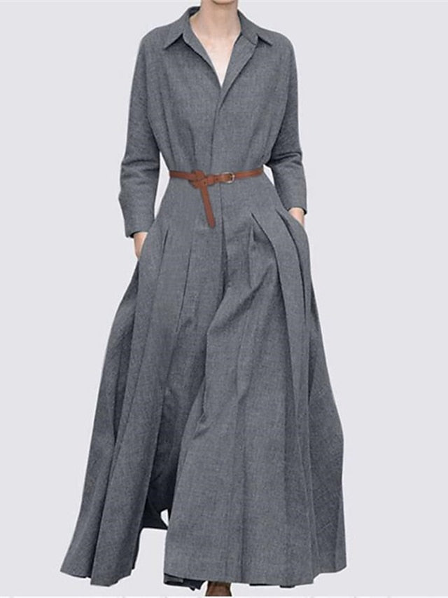 Women's Dress - Shirt Dress Work Dress Formal Dress Maxi long Dress Outdoor Winter Dress Office Polyester Fashion Formal V Neck Lace up Ruched Long Sleeve Summer Spring Fall 2023 Regular Fit Black Camel Gray